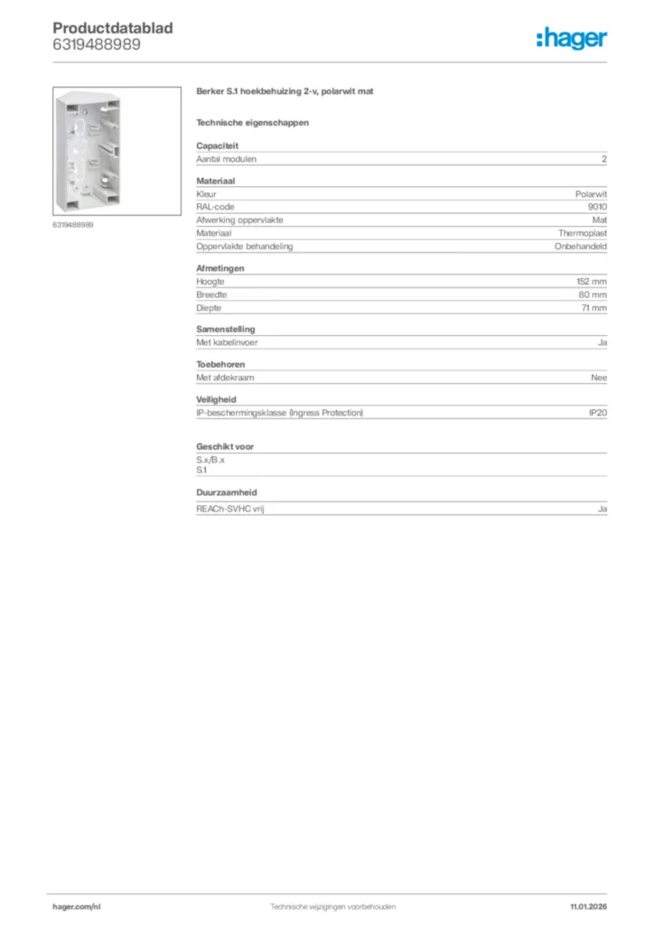 Afbeelding Hager Productdatablad 6319488989 | Hager Nederland