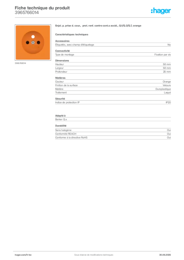 Image Hager Fiche technique du produit 3965766014 | Hager Belgique