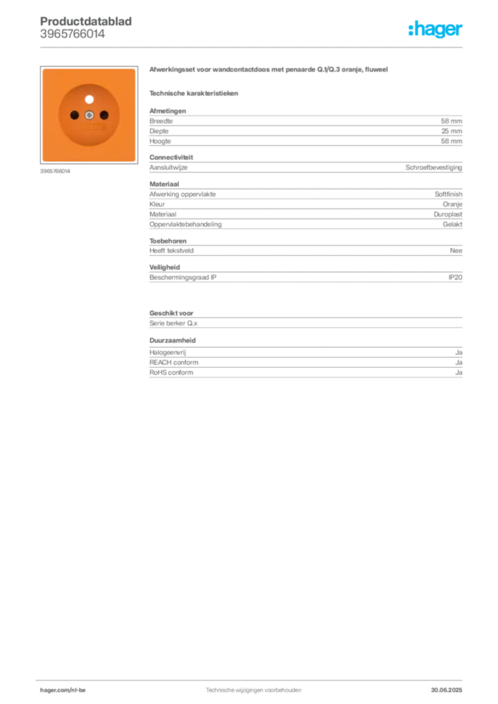 Afbeelding Hager Productdatablad 3965766014 | Hager Belgium