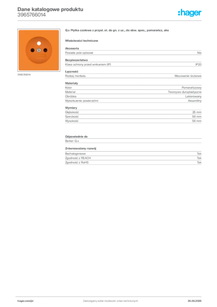 Zdjęcie Hager Dane katalogowe produktu 3965766014 | Hager Polska