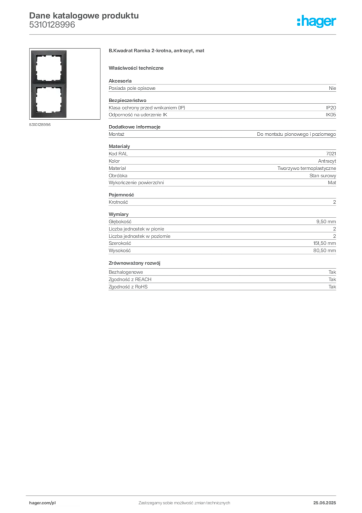 Zdjęcie Hager Dane katalogowe produktu 5310128996 | Hager Polska