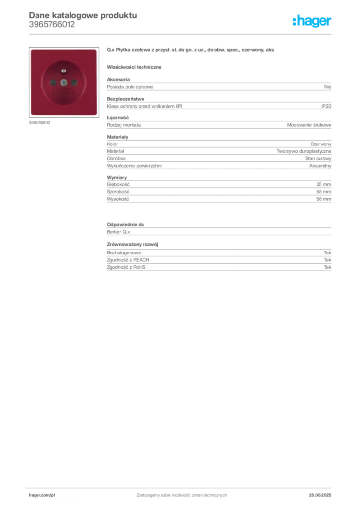Zdjęcie Hager Dane katalogowe produktu 3965766012 | Hager Polska