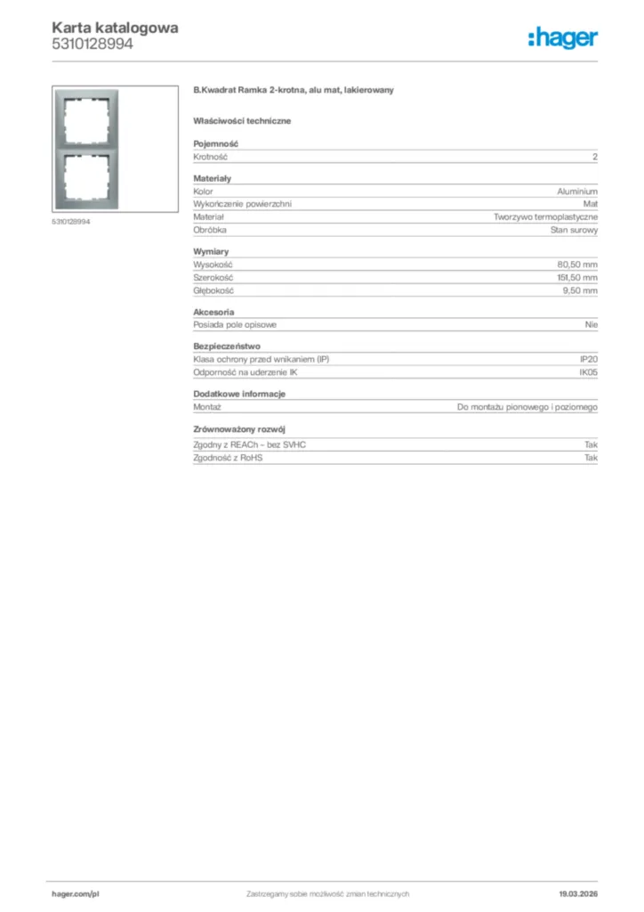 Zdjęcie Hager Karta katalogowa 5310128994 | Hager Polska