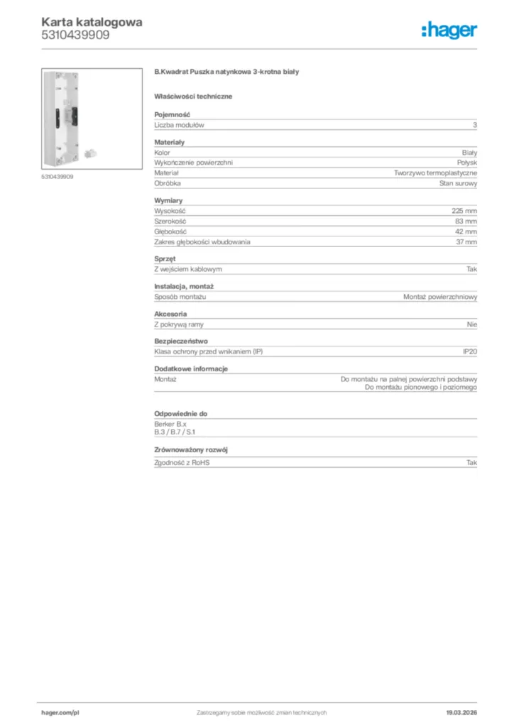 Zdjęcie Hager Karta katalogowa 5310439909 | Hager Polska