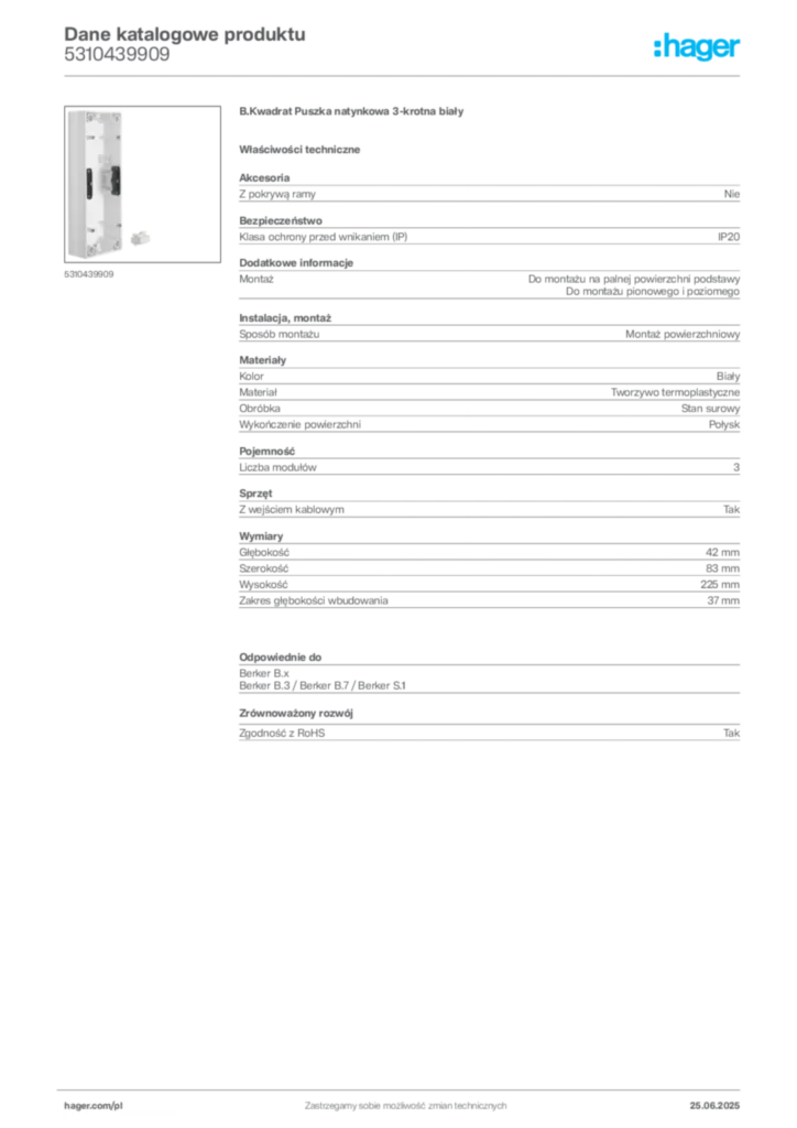 Zdjęcie Hager Dane katalogowe produktu 5310439909 | Hager Polska