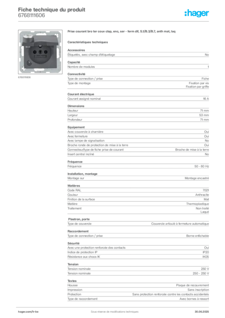 Image Hager Fiche technique du produit 6768111606 | Hager Belgique