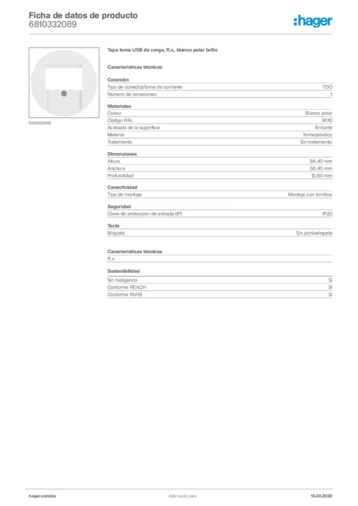 Imagen Hager Ficha de datos de producto 6810332089 | Hager España
