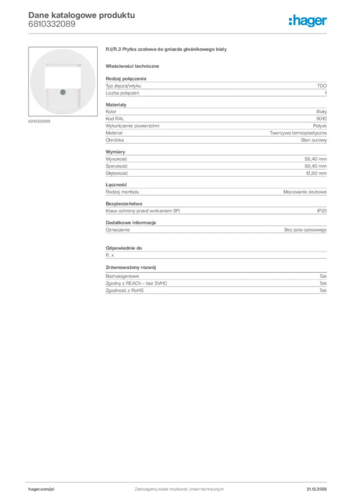 Zdjęcie Hager Dane katalogowe produktu 6810332089 | Hager Polska
