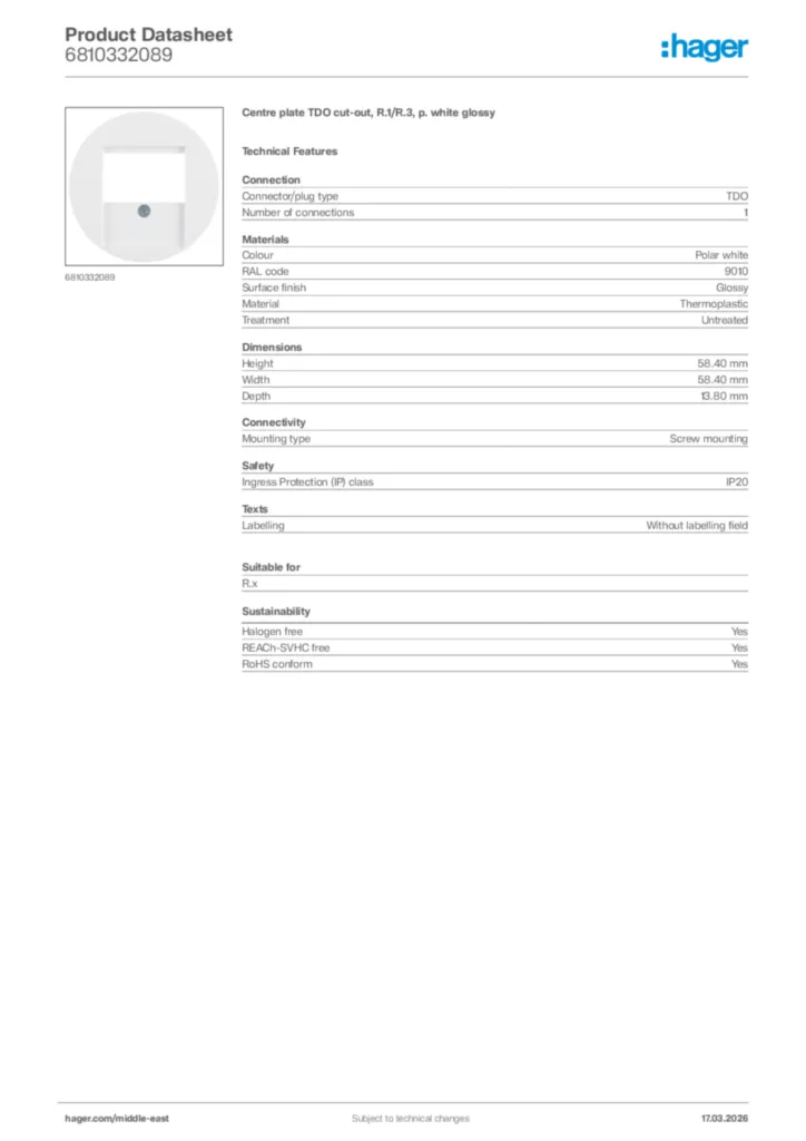 Image Hager Product data sheet 6810332089  | Hager
