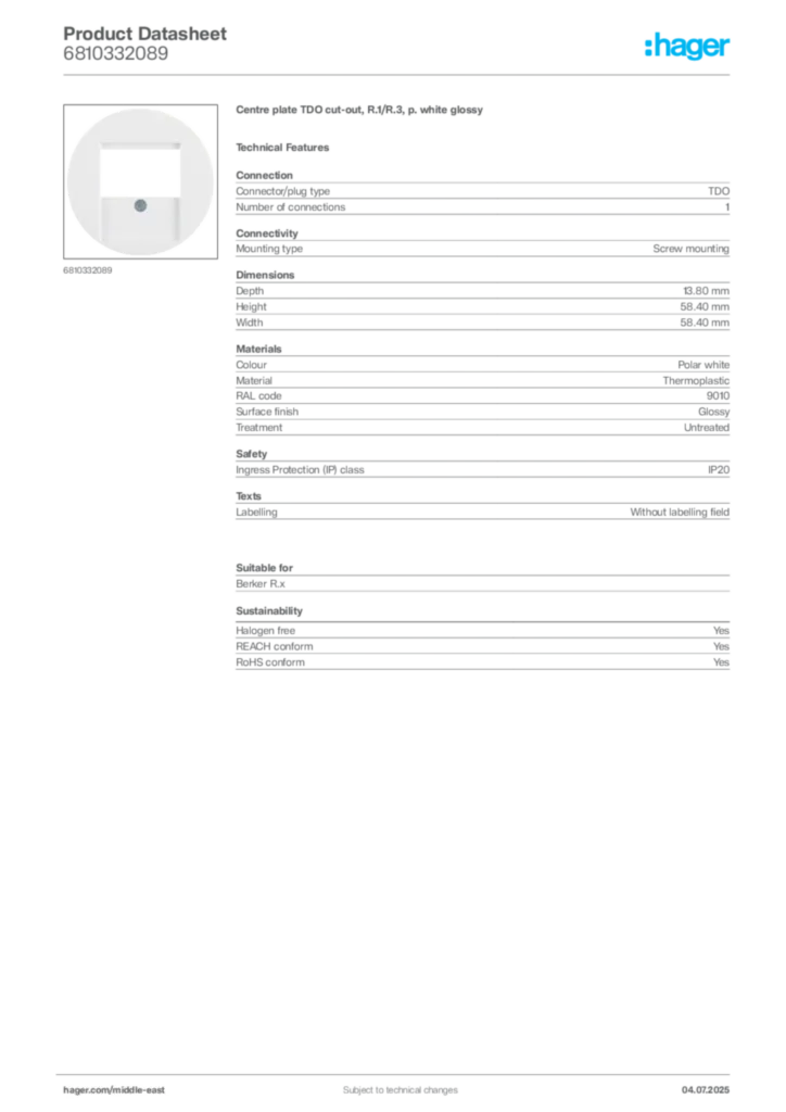 Image Hager Product data sheet 6810332089  | Hager