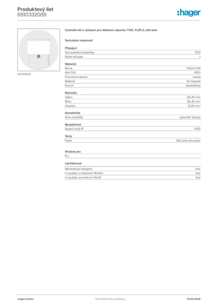 Obrázek Hager Product data sheet 6810332089 | Hager
