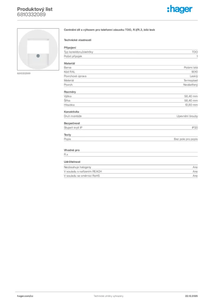 Obrázek Hager Produktový list 6810332089 | Hager