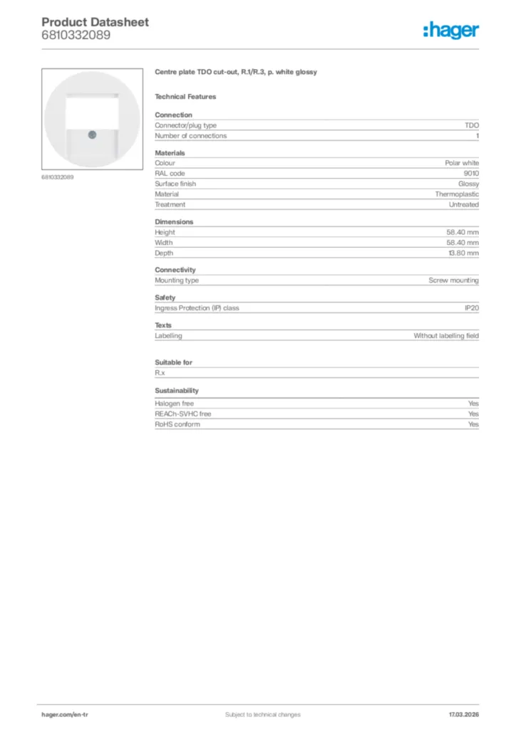 Image Hager Product data sheet 6810332089  | Hager