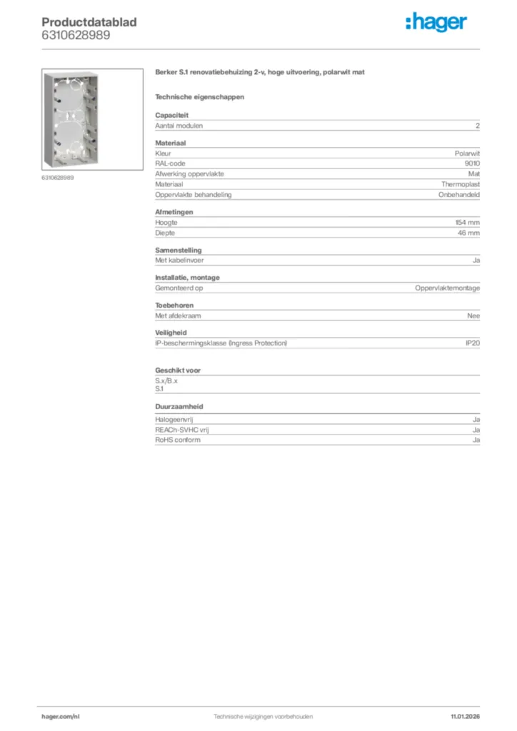 Afbeelding Hager Productdatablad 6310628989 | Hager Nederland