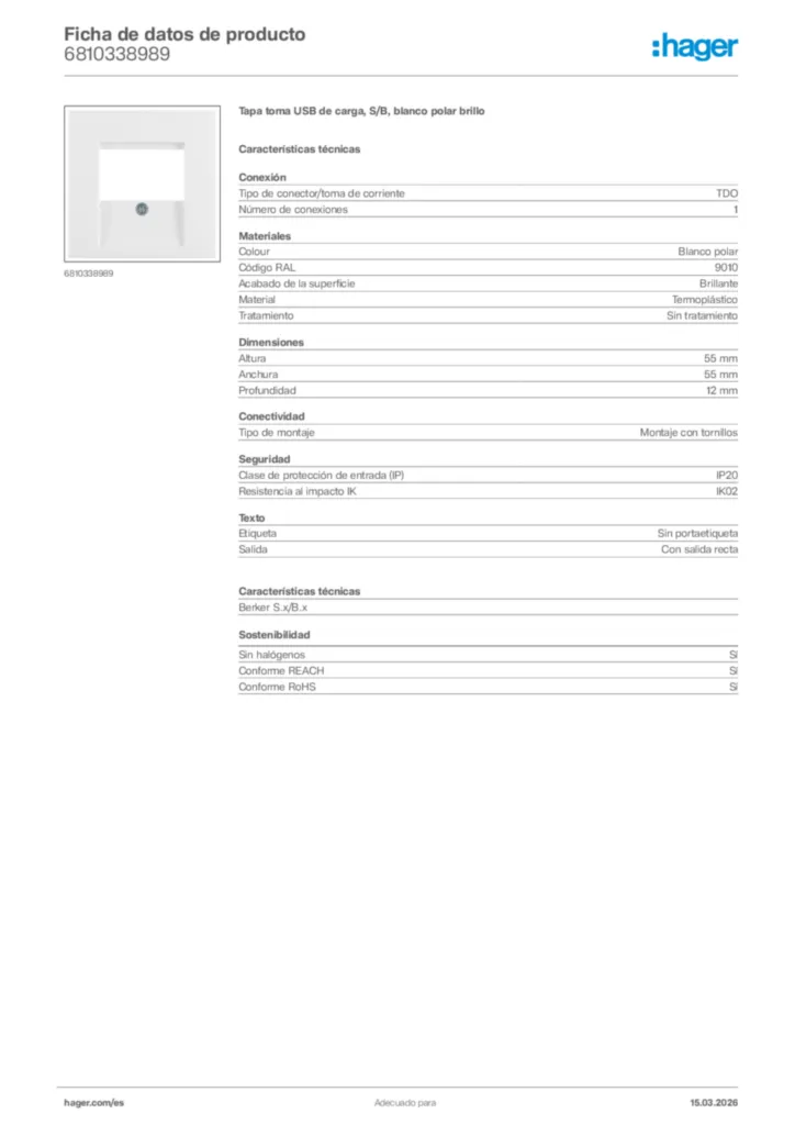 Imagen Hager Ficha de datos de producto 6810338989 | Hager España