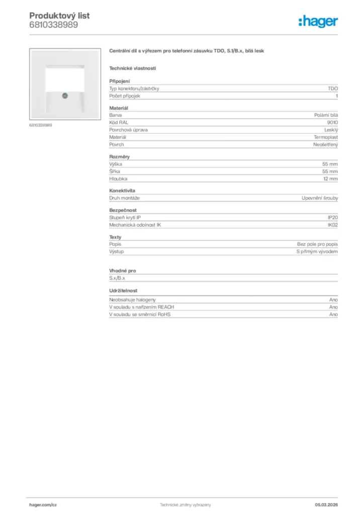 Obrázek Hager Product data sheet 6810338989 | Hager