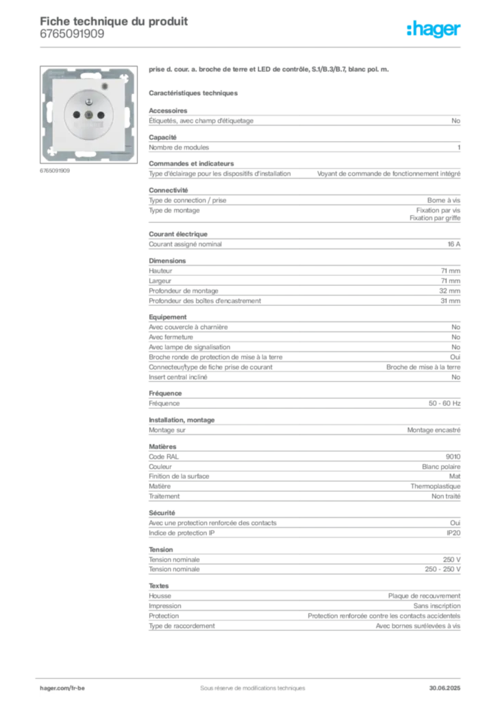 Image Hager Fiche technique du produit 6765091909 | Hager Belgique