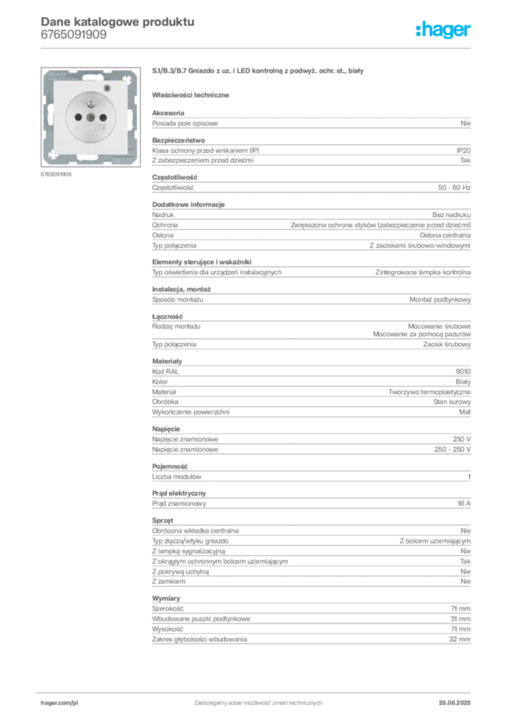 Zdjęcie Hager Dane katalogowe produktu 6765091909 | Hager Polska