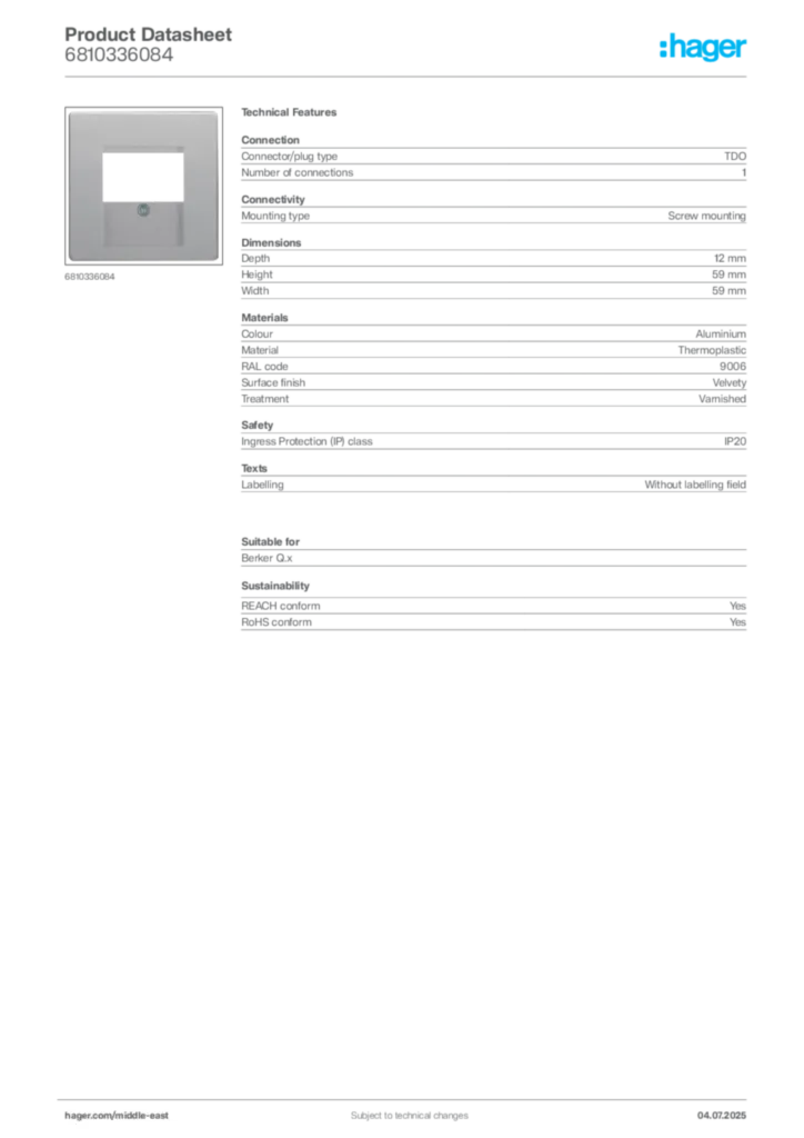 Image Hager Product data sheet 6810336084  | Hager