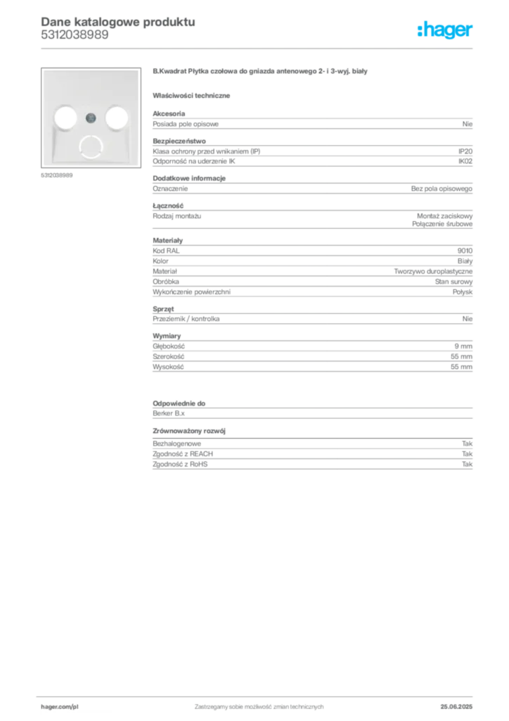 Zdjęcie Hager Dane katalogowe produktu 5312038989 | Hager Polska
