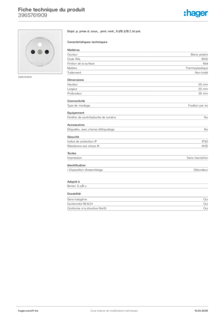 Image Hager Fiche technique du produit 3965761909 | Hager Belgique