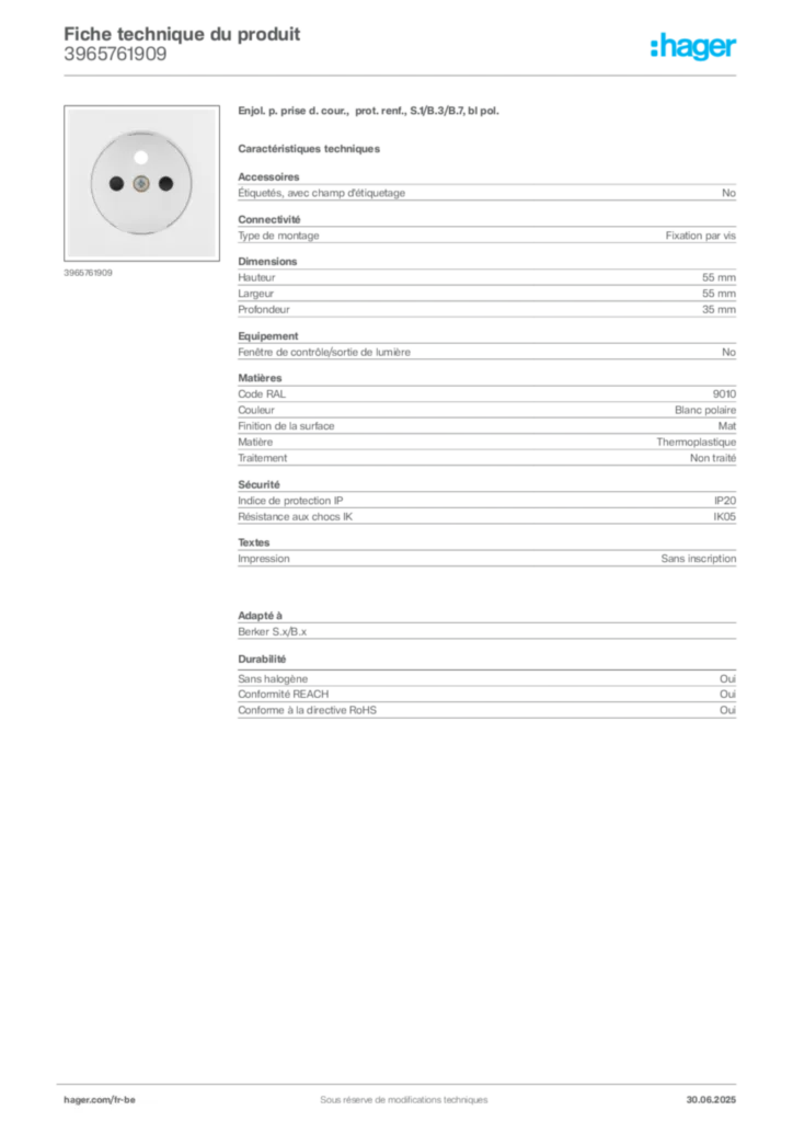 Image Hager Fiche technique du produit 3965761909 | Hager Belgique
