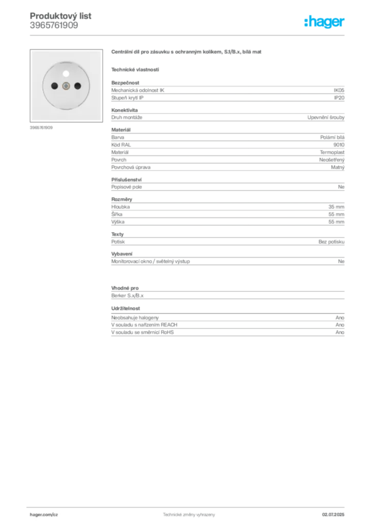 Obrázek Hager Produktový list 3965761909 | Hager