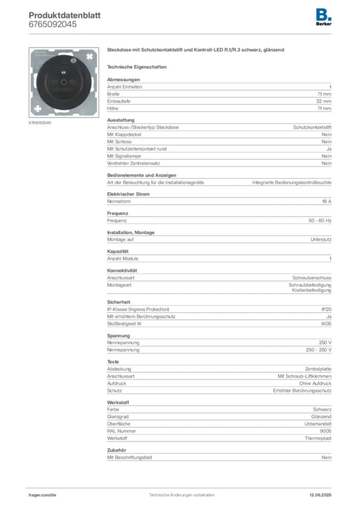 Berker Produktdatenblatt 6765092045
