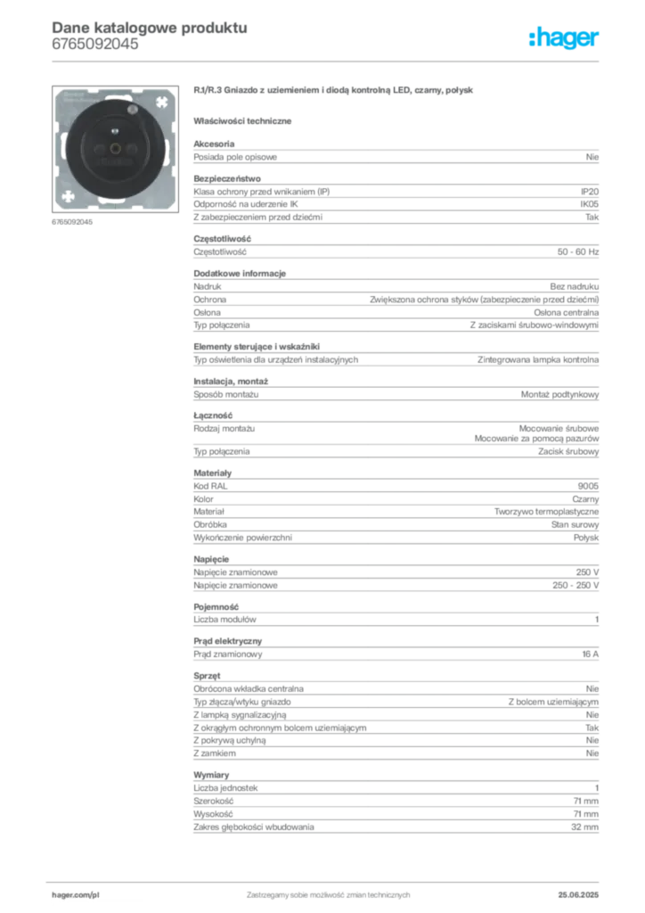 Zdjęcie Hager Dane katalogowe produktu 6765092045 | Hager Polska