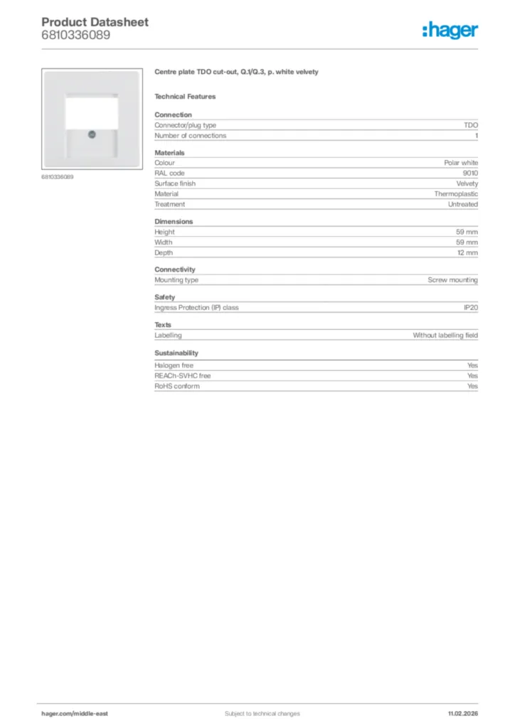 Image Hager Product data sheet 6810336089  | Hager