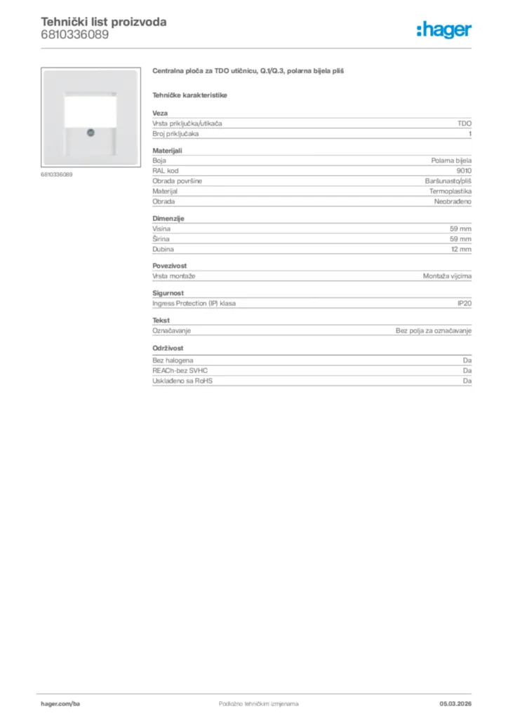 Slika Hager Tehnički list proizvoda 6810336089  | Hager