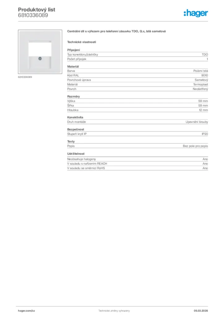 Obrázek Hager Product data sheet 6810336089 | Hager