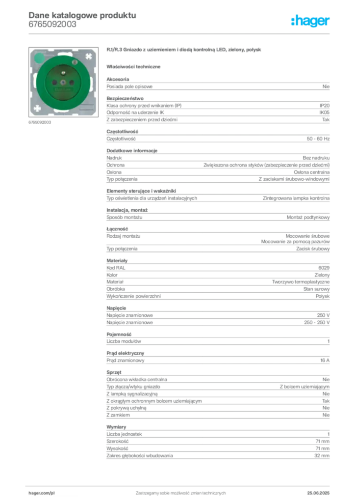 Zdjęcie Hager Dane katalogowe produktu 6765092003 | Hager Polska