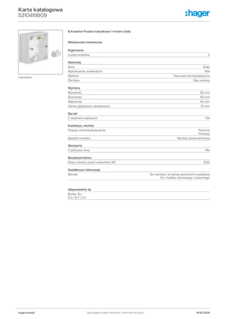 Zdjęcie Hager Karta katalogowa 5310419909 | Hager Polska