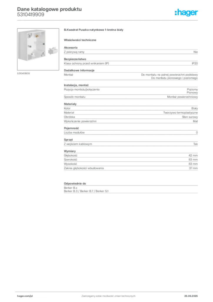 Zdjęcie Hager Dane katalogowe produktu 5310419909 | Hager Polska