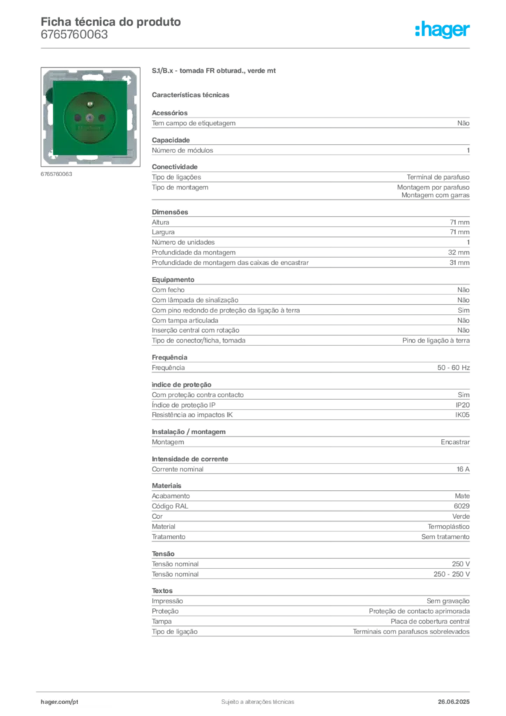 Imagem Hager Ficha técnica do produto 6765760063 | Hager Portugal