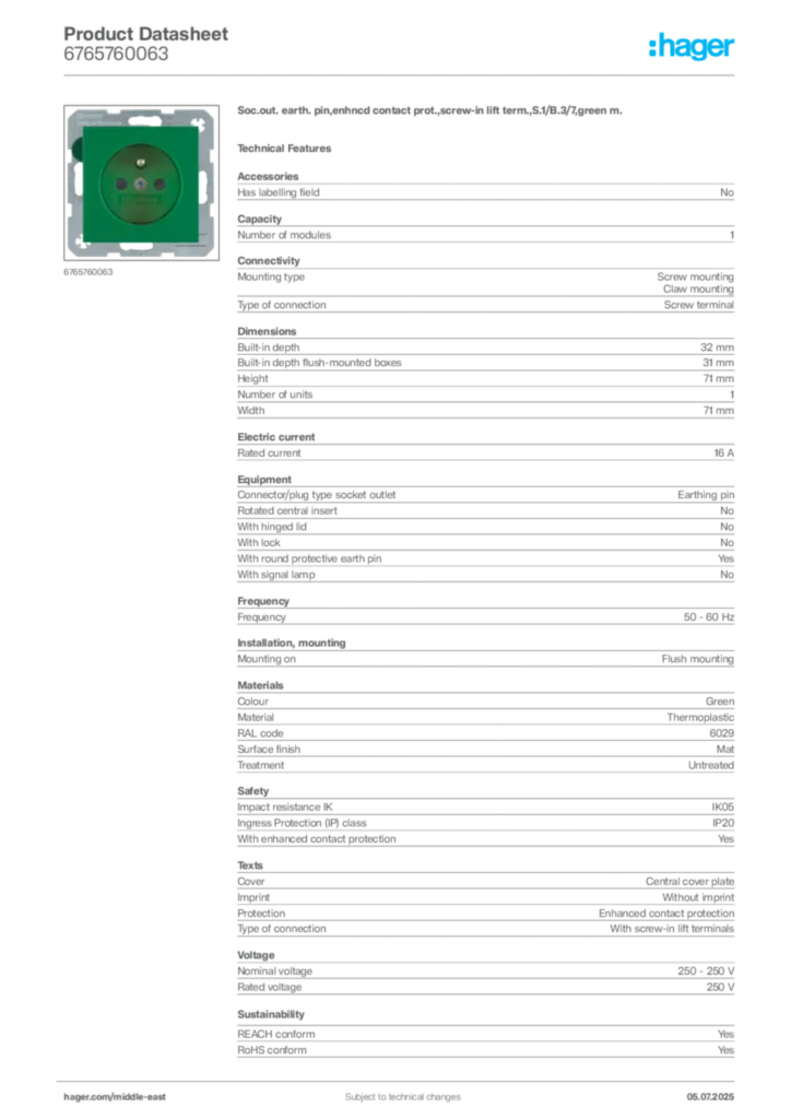 Image Hager Product data sheet 6765760063  | Hager