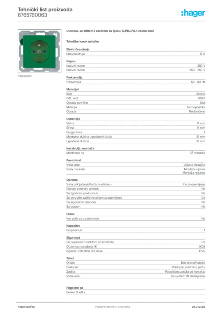Slika Hager Product data sheet 6765760063  | Hager