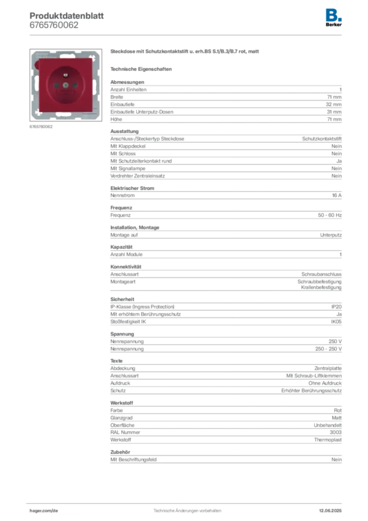 Bild Berker Produktdatenblatt 6765760062 | Hager Deutschland