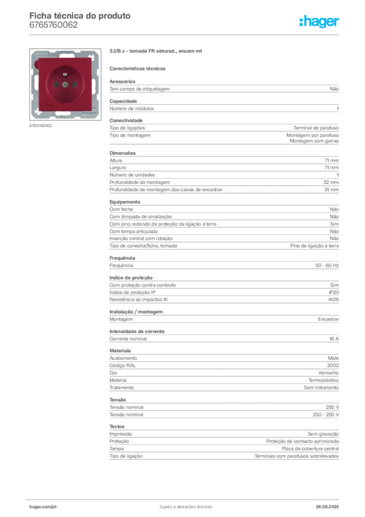 Imagem Hager Ficha técnica do produto 6765760062 | Hager Portugal