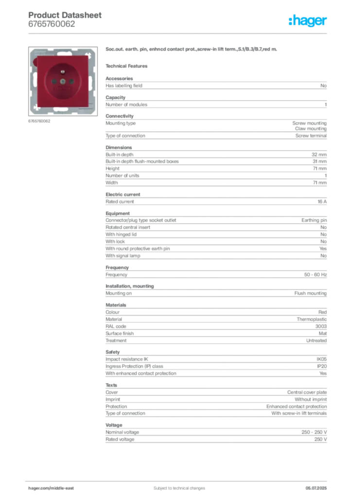 Image Hager Product data sheet 6765760062  | Hager