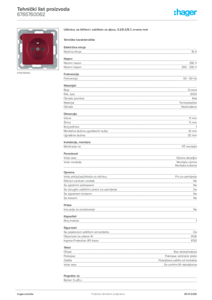 Slika Hager Product data sheet 6765760062  | Hager