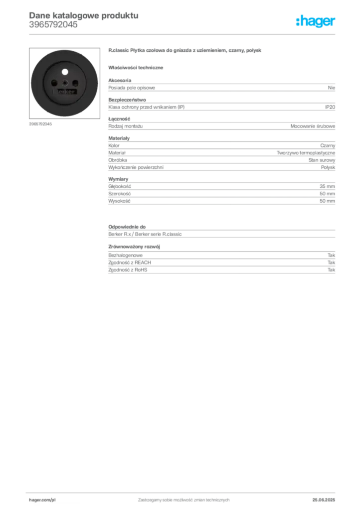 Zdjęcie Hager Dane katalogowe produktu 3965792045 | Hager Polska