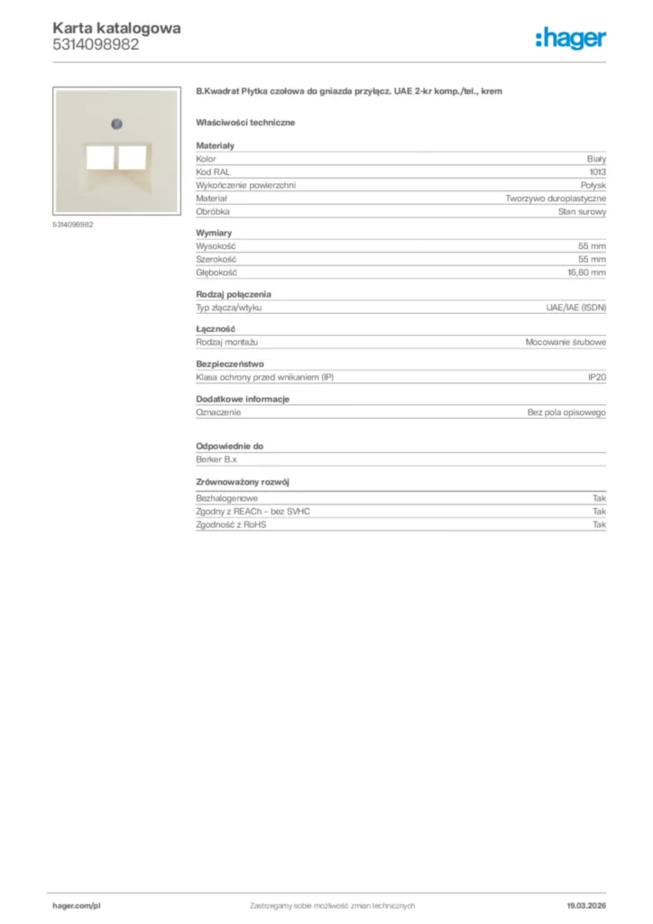 Zdjęcie Hager Karta katalogowa 5314098982 | Hager Polska