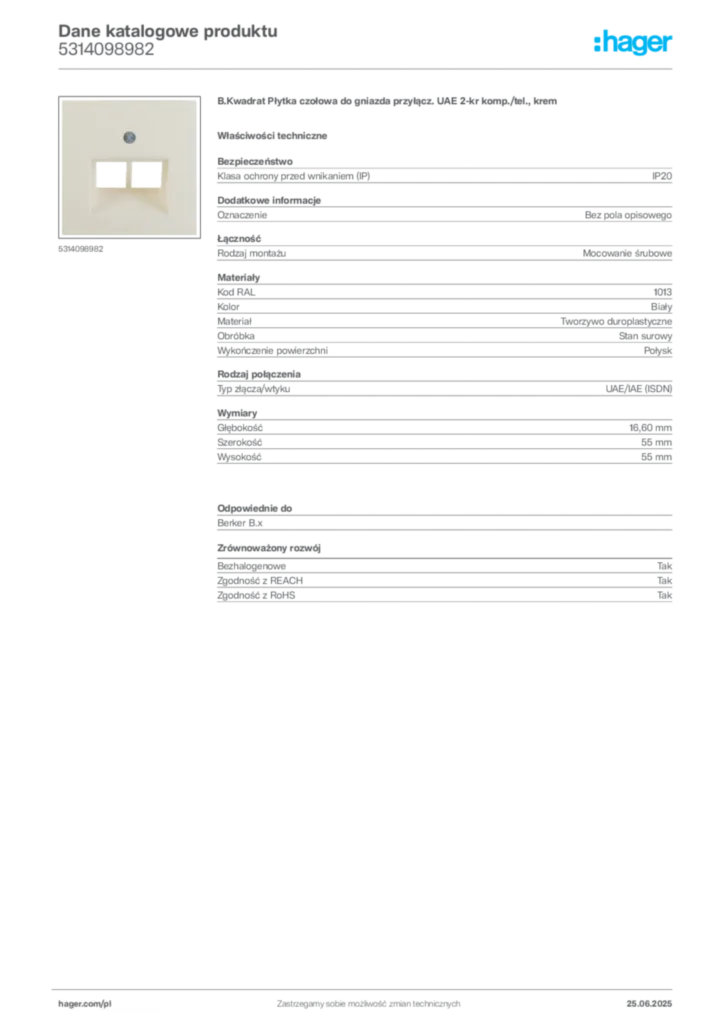 Zdjęcie Hager Dane katalogowe produktu 5314098982 | Hager Polska