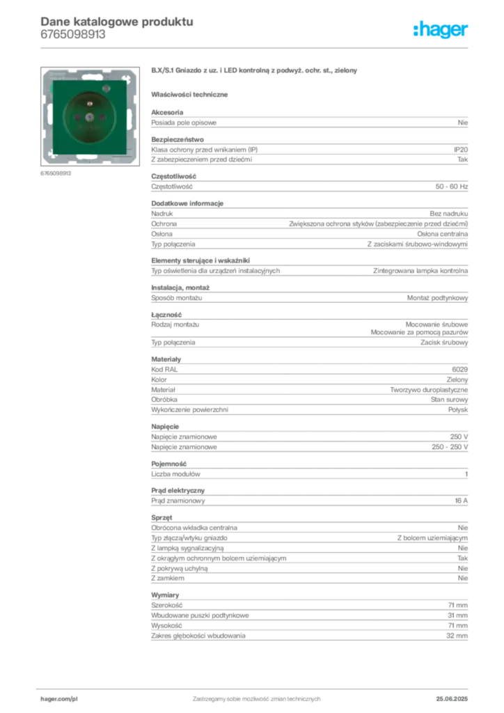 Zdjęcie Hager Dane katalogowe produktu 6765098913 | Hager Polska