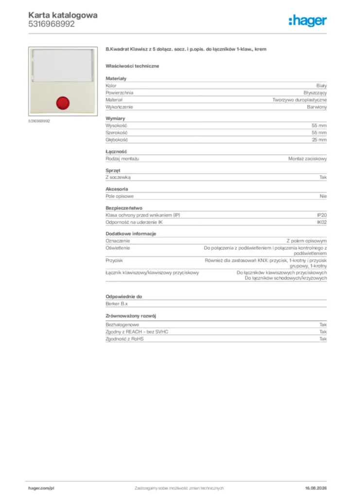Zdjęcie Hager Karta katalogowa 5316968992 | Hager Polska