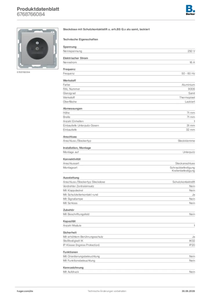 Bild Berker Produktdatenblatt 6768766084 | Hager Deutschland