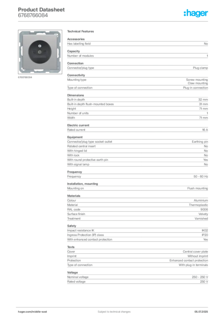 Image Hager Product data sheet 6768766084  | Hager