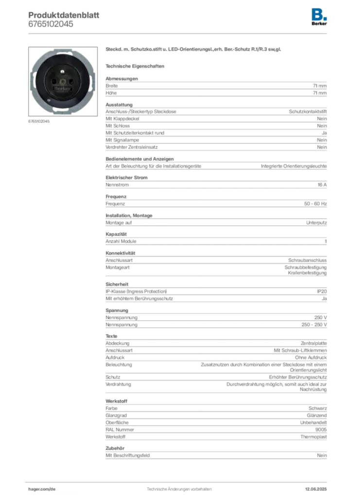 Berker Produktdatenblatt 6765102045